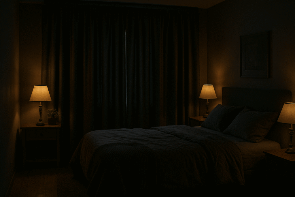 Dark cozy bedroom with blackout curtains
