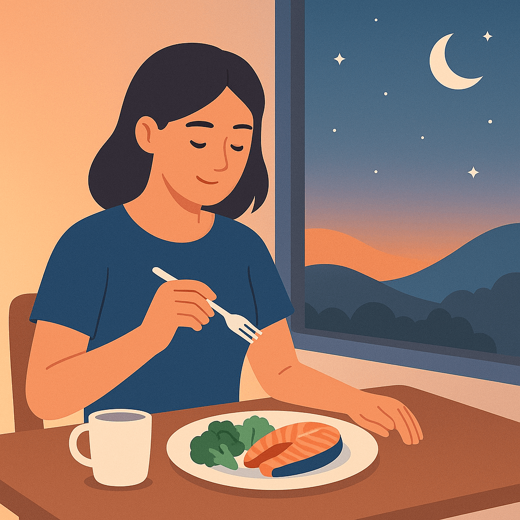 young woman preparing a healthy meal with vegetables and grains, promoting balanced nutrition for better sleep