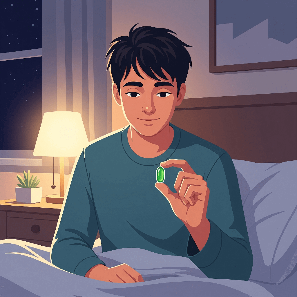 young adult holding a CBD capsule in bed at night, with a calm bedroom environment.