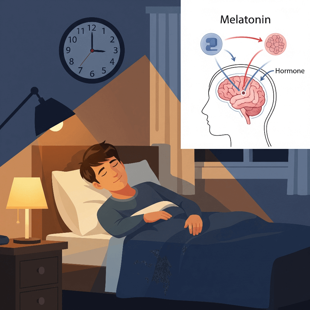 melatonin interacting with the brain as a person prepares for sleep, with clock and dim light in the background.