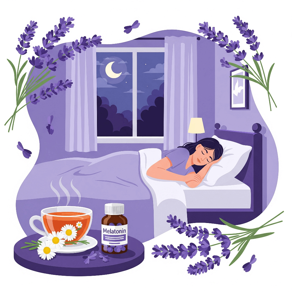 natural sleep aids like chamomile tea, melatonin, and lavender around a peaceful bedroom scene.