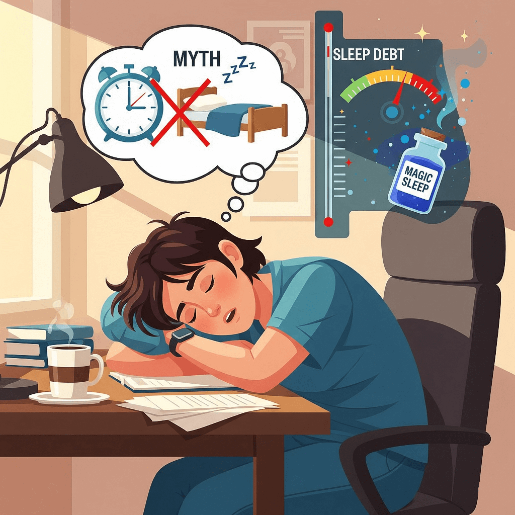 tired person trying to nap on a desk with a clock and calendar above, representing the myth of catching up on sleep.