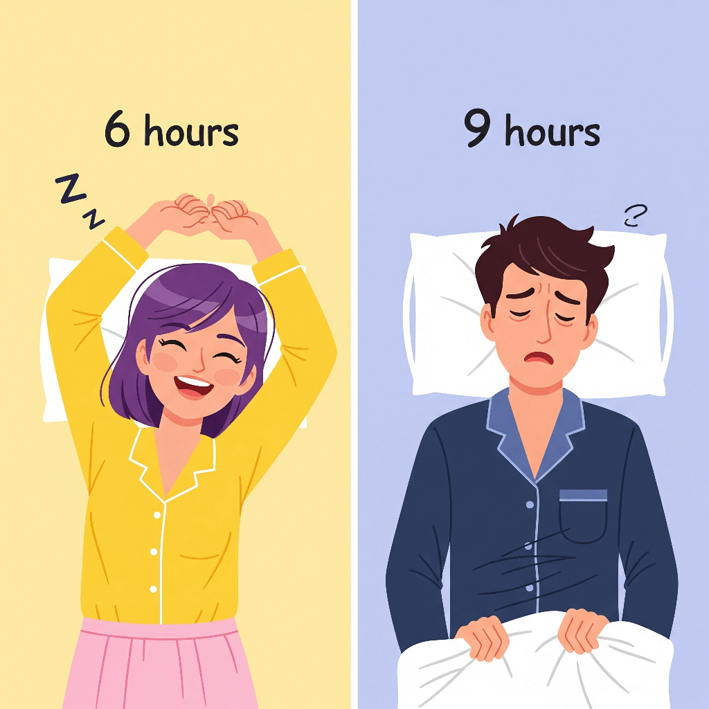 comparing two characters: one energetic with 6 hours of sleep, another tired after 9 hours, representing the myth that everyone needs 8 hours of sleep.